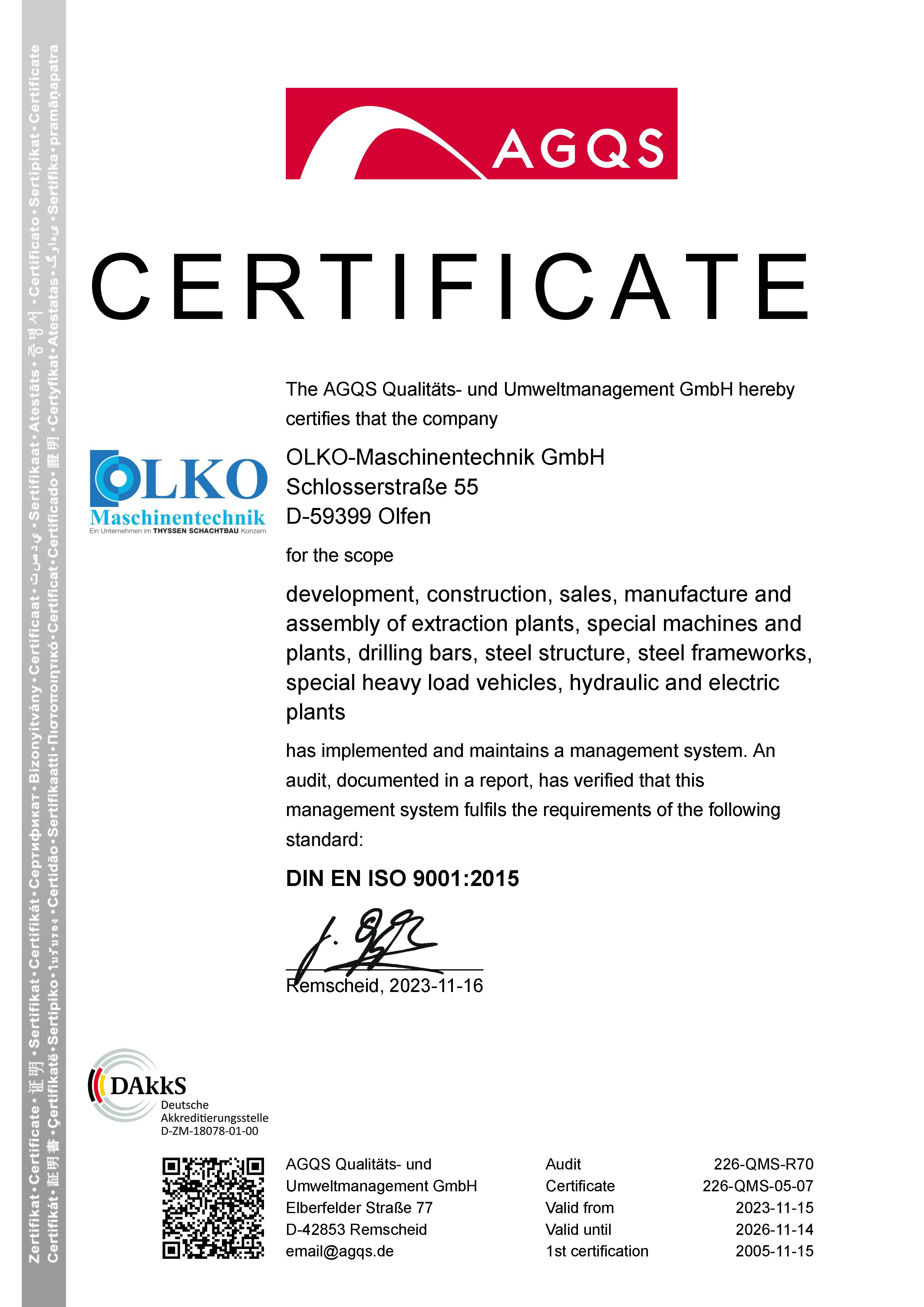 Zertifikat DIN EN ISO 9001 Englisch